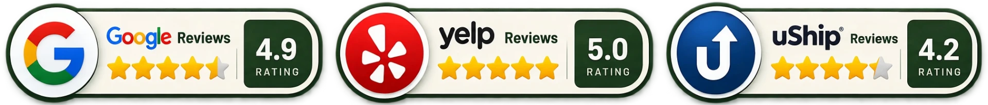 Google Reviews 4.9 rating, Yelp 5.0 rating, and uShip 4.2 rating for Green Echo Movers