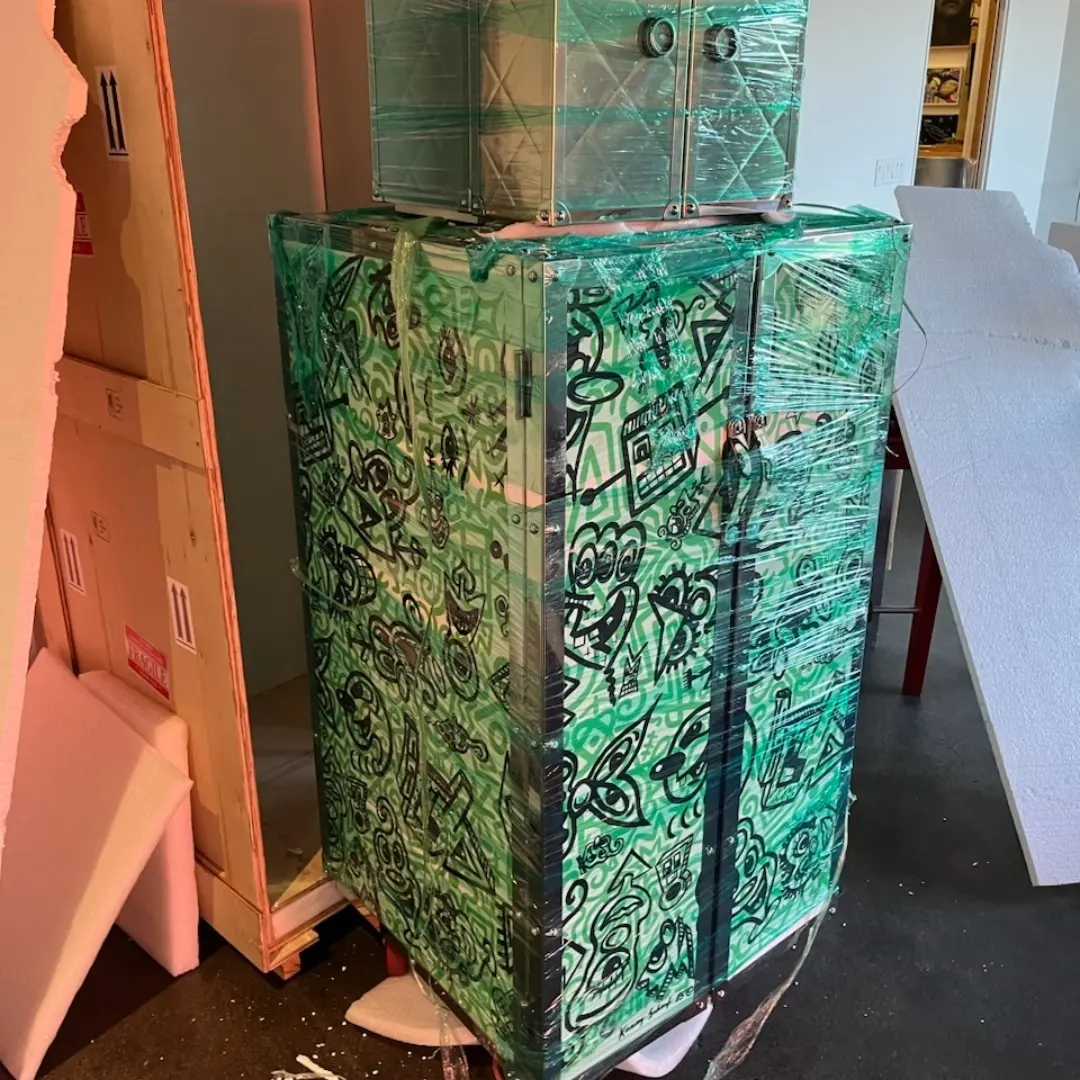 Custom plywood crate built for a fragile painted armoire ready for long-distance shipping