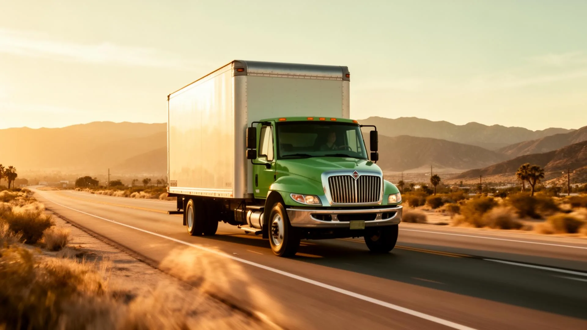 Green Echo Movers truck on a California desert highway at golden hour
